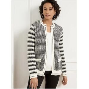 NWT Talbots 2X Cream And Black Long Sleeve Fringe Stripe Texture Open Cardigan